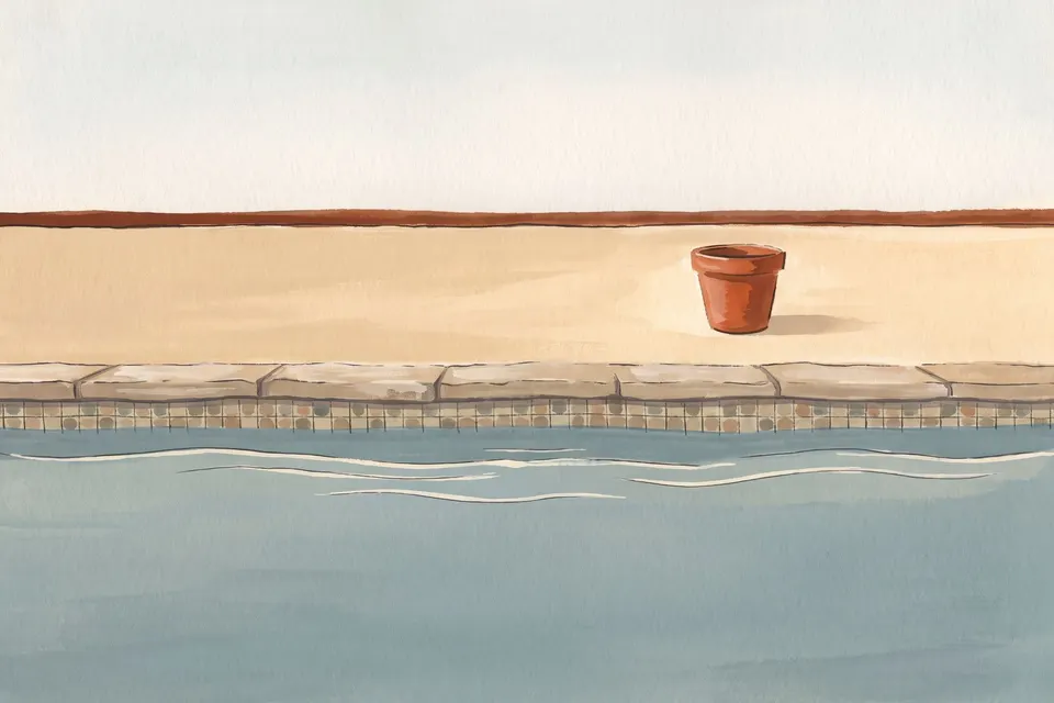 Hand-illustrated postcard of a backyard pool: a coping edge and waterline tile course, a sunlit water fill with light-catch ripple lines, a deck plane, and an open-sky wash above, separated from the deck by a thin horizon line.