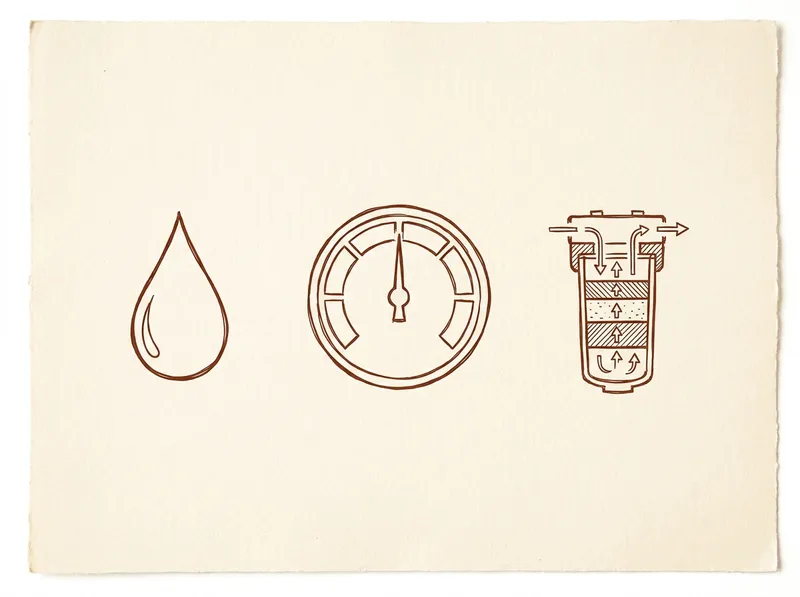 Hand-drawn field-notebook sketch: a simple water-drop shape, a pH-scale dial illustration, and a filter cross-section drawing, in line art.